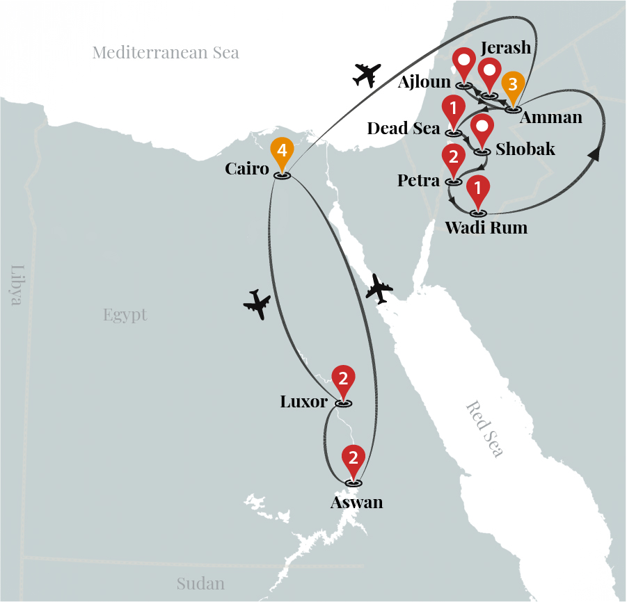 tourhub | Ciconia Exclusive Journeys | Wonders of Egypt & Jordan Luxury Tour | Tour Map